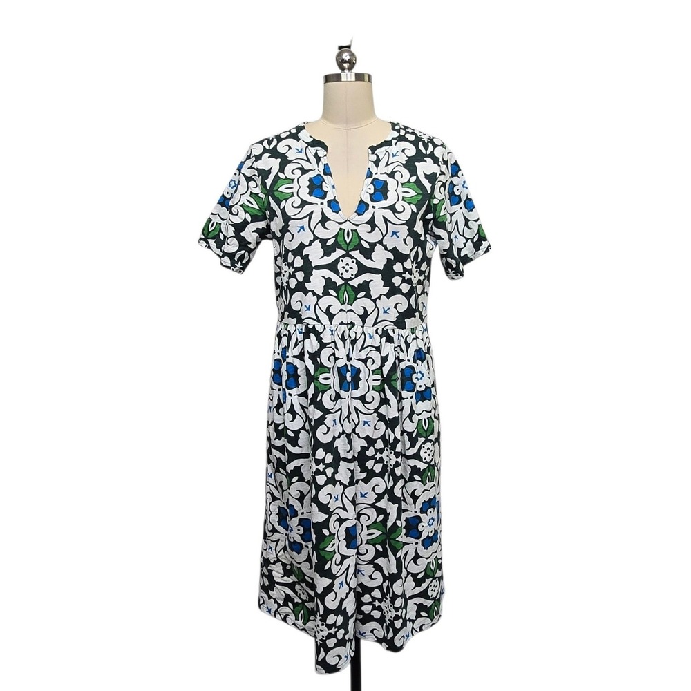Boden Womens Tile Print Cotton Slub‎ Jersey Midi Dress Navy White US 8L D0181